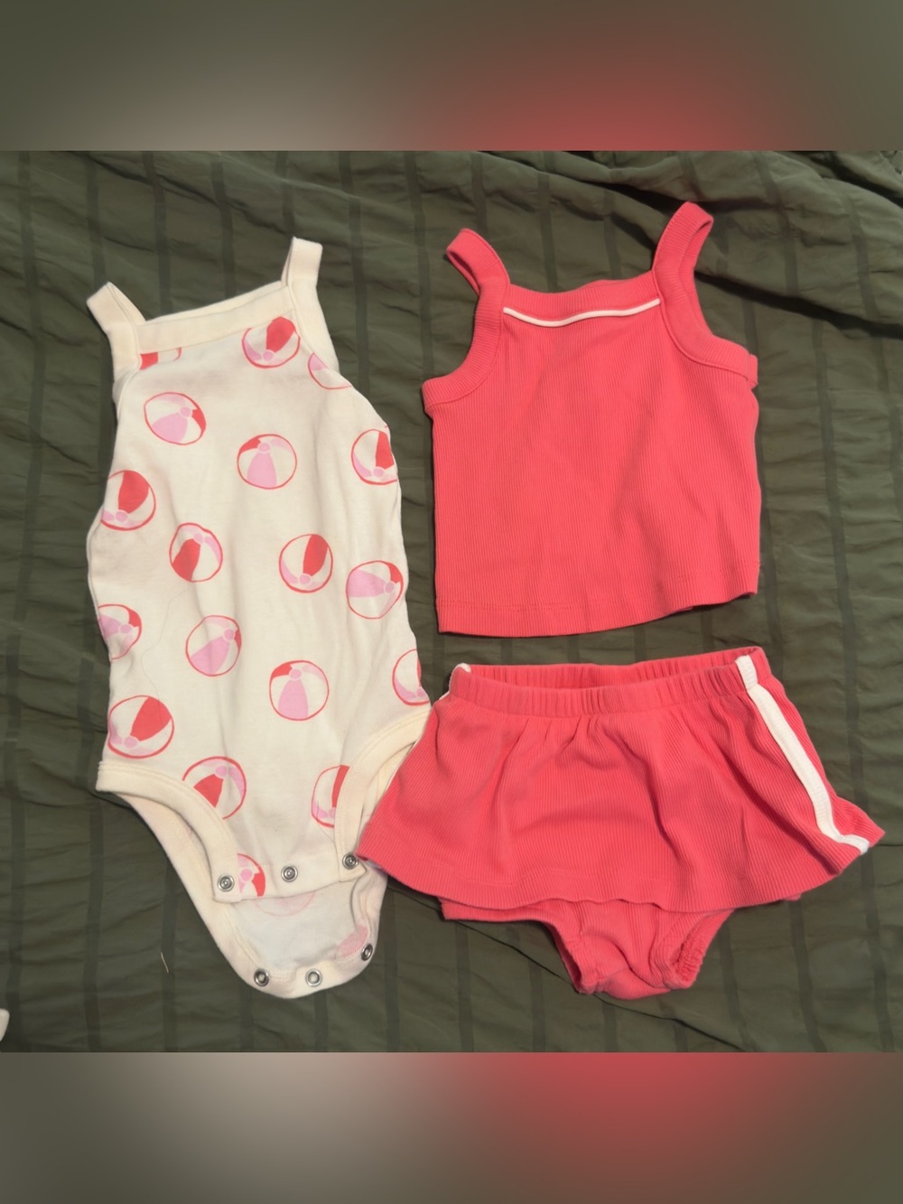 Carter's Pink Ribbed Tank, Skirted Shorts & Cream Beach Ball Bodysuit